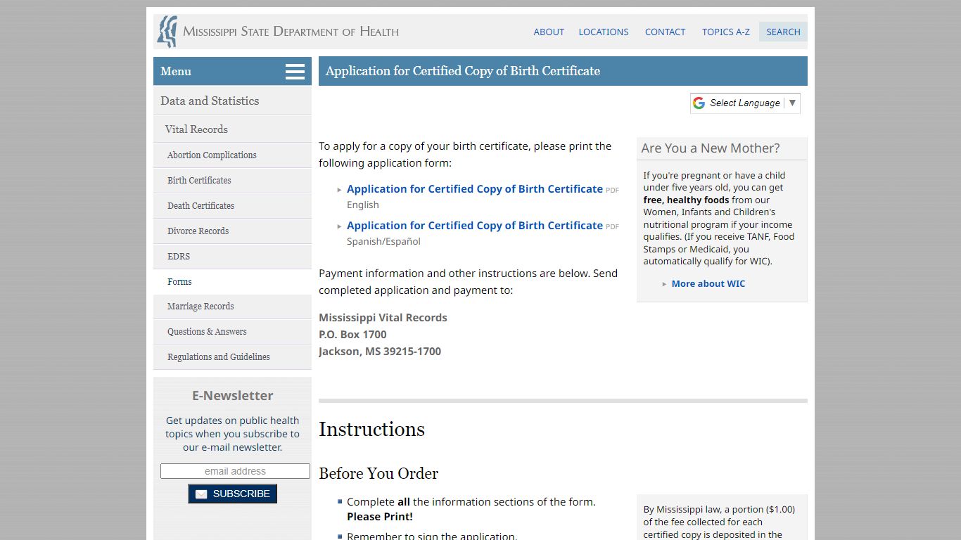 Application for Certified Copy of Birth Certificate - Mississippi State ...